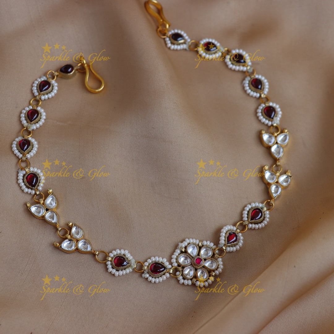 Stunning Jadau Red Teardrop & Kundan Floral Sheeshphool with Pearl Edging