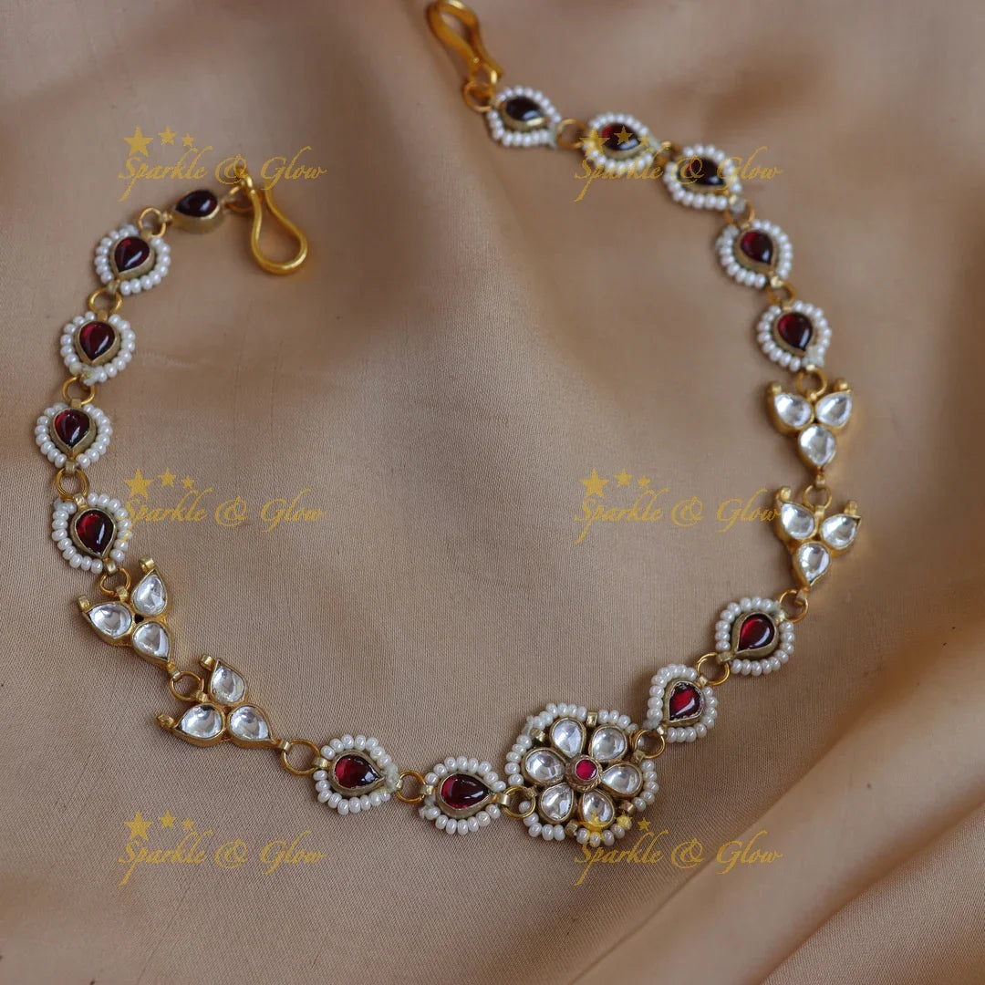 Stunning Jadau Red Teardrop & Kundan Floral Sheeshphool with Pearl Edging - Sparkle and Glow