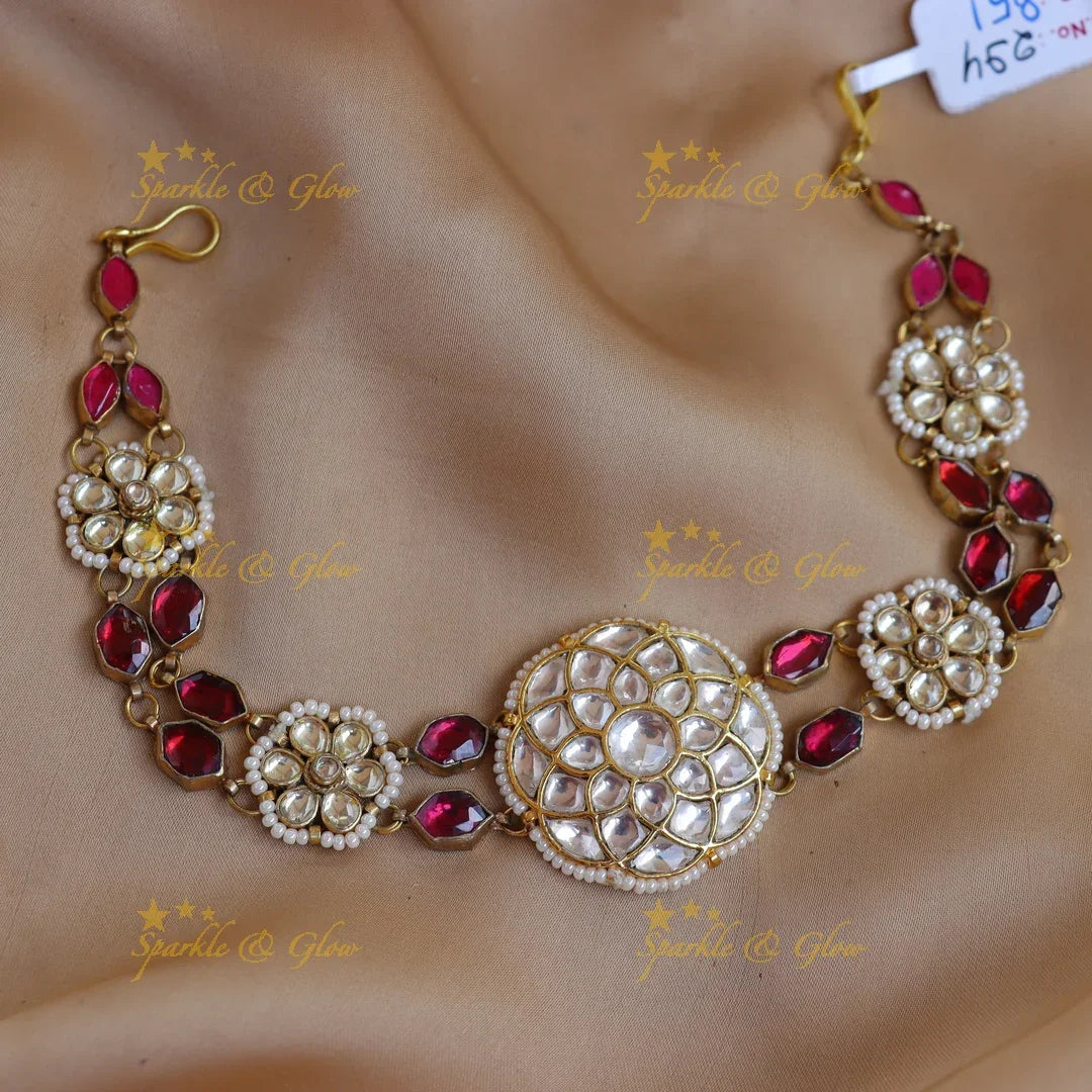 Elegant Red Stone & Jadau Kundan Sheeshphool with Floral Center - Sparkle and Glow