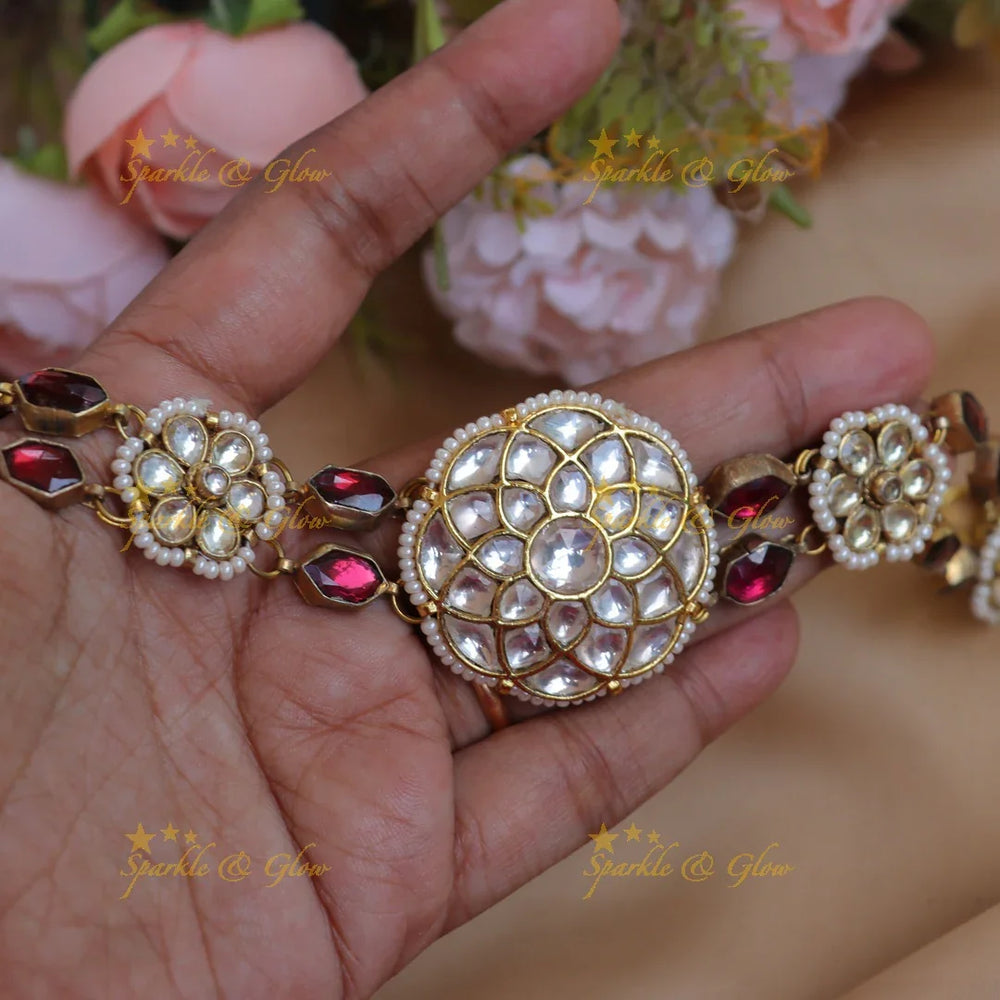 Elegant Red Stone & Jadau Kundan Sheeshphool with Floral Center - Sparkle and Glow
