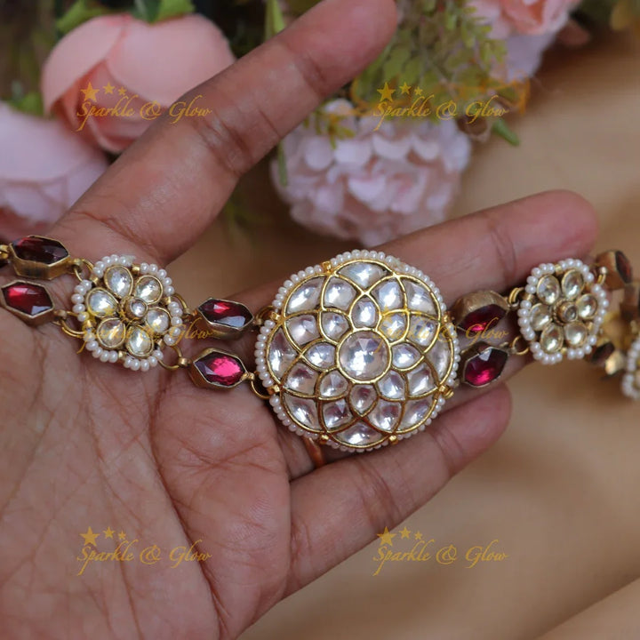 Elegant Red Stone & Jadau Kundan Sheeshphool with Floral Center - Sparkle and Glow