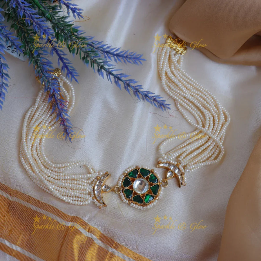 Beautiful Jadau Green Meenakari Kundan Sheeshphool with Multi-Layer Pearl Chains - Sparkle and Glow