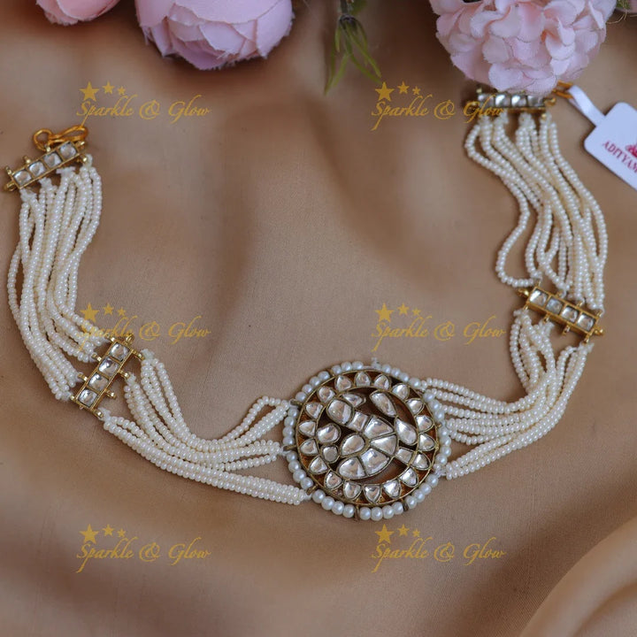 Sparkling Kundan Circular Sheeshphool with Multi-Layer Pearl Strings - Sparkle and Glow