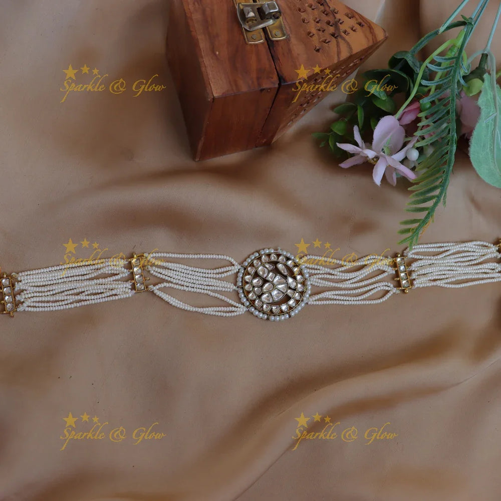Sparkling Kundan Circular Sheeshphool with Multi-Layer Pearl Strings - Sparkle and Glow