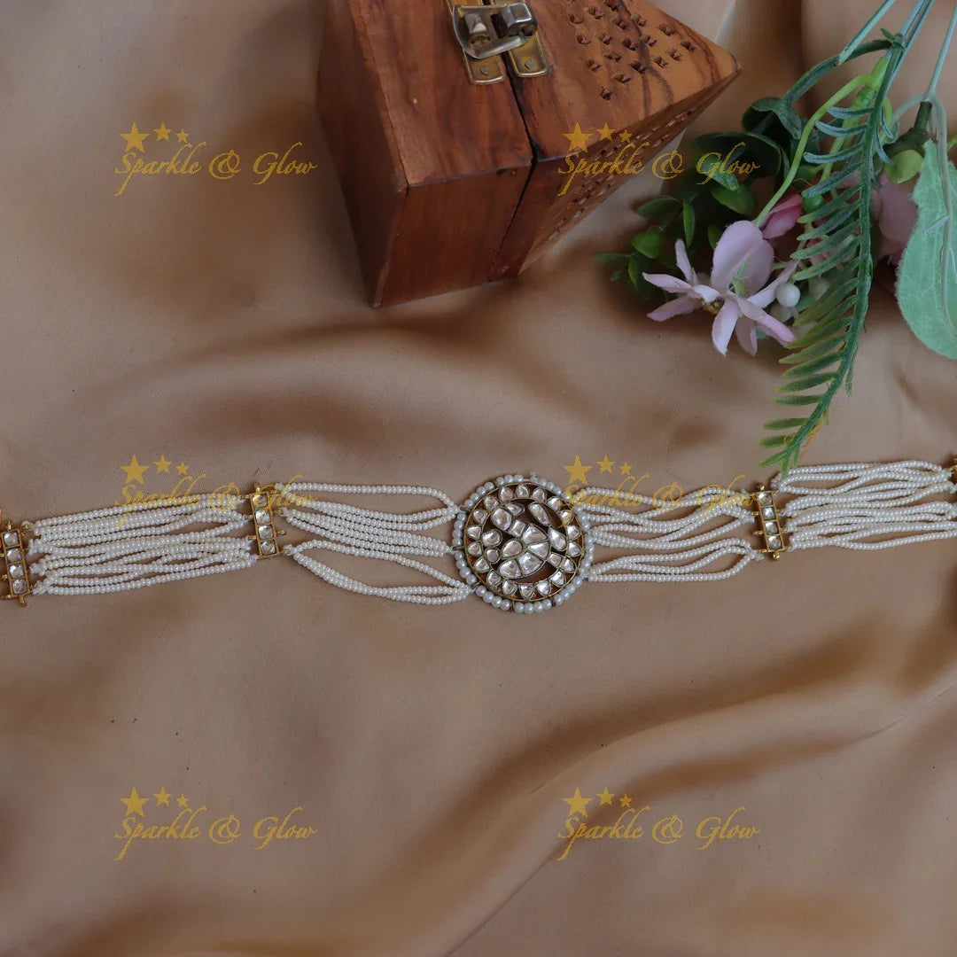 Sparkling Kundan Circular Sheeshphool with Multi-Layer Pearl Strings - Sparkle and Glow