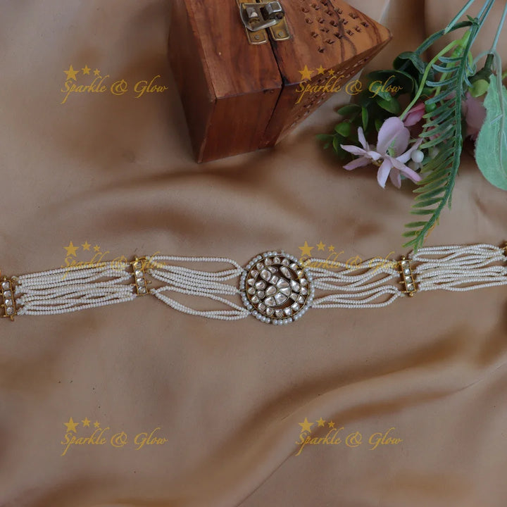 Sparkling Kundan Circular Sheeshphool with Multi-Layer Pearl Strings - Sparkle and Glow