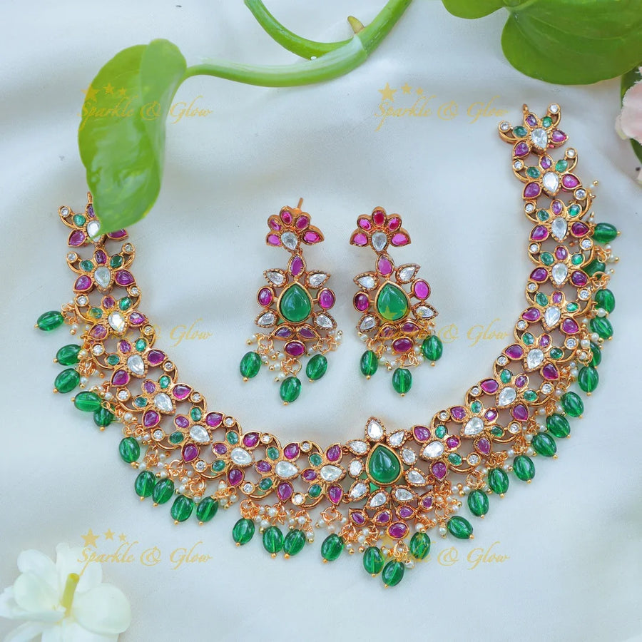 Elegant Kemp Floral Kundan Necklace Set with Green Beads - Sparkle and Glow