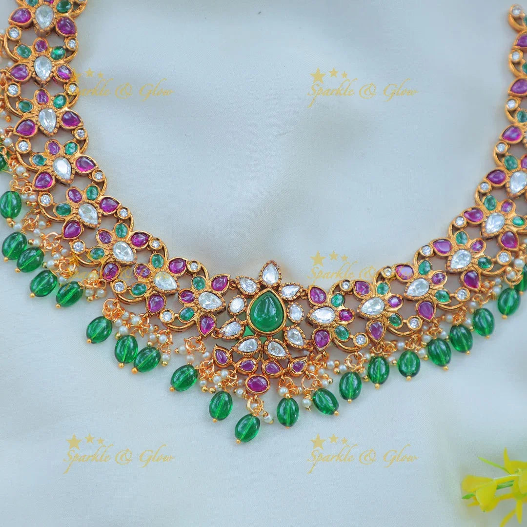 Elegant Kemp Floral Kundan Necklace Set with Green Beads - Sparkle and Glow