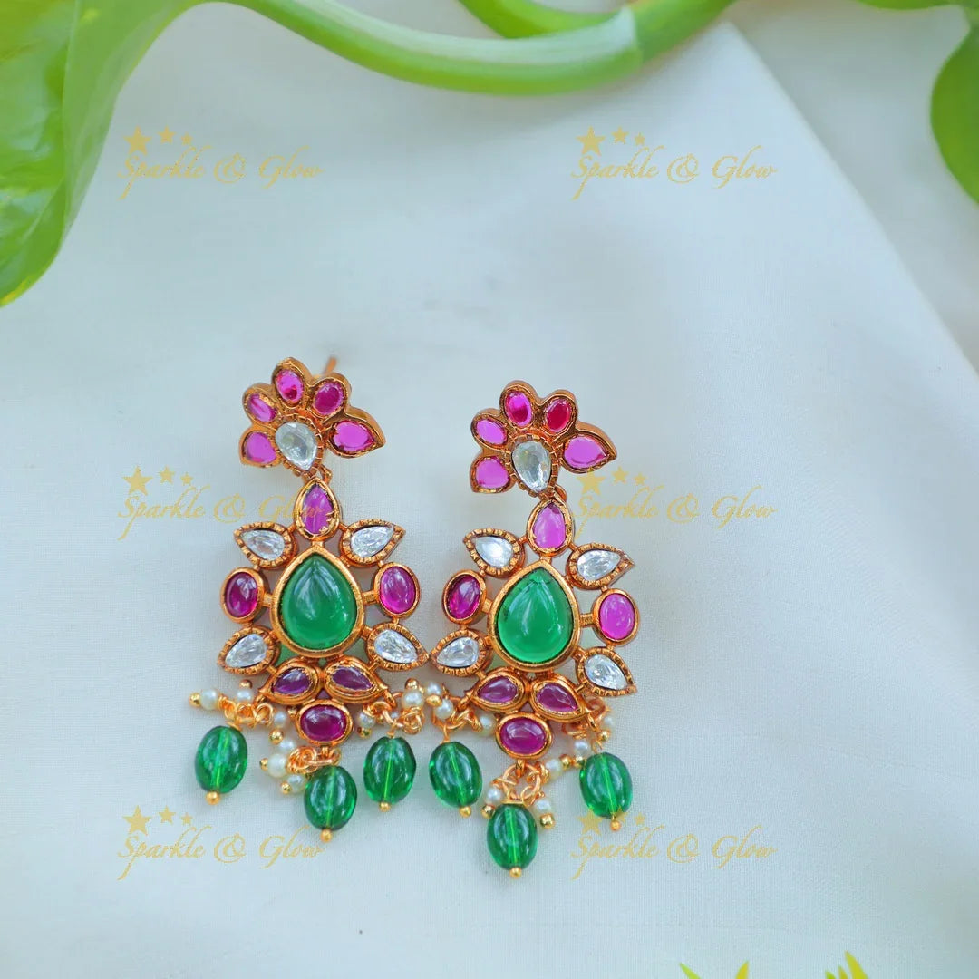 Elegant Kemp Floral Kundan Necklace Set with Green Beads - Sparkle and Glow