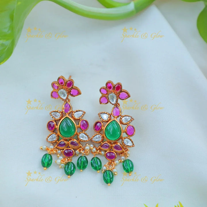 Elegant Kemp Floral Kundan Necklace Set with Green Beads - Sparkle and Glow