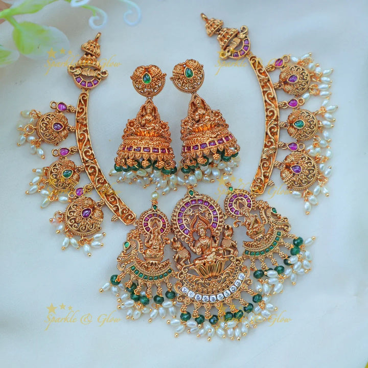 Gracious Lakshmi Kanti Hasli Temple Necklace Set with Jhumkas and Pearl Drops - Sparkle and Glow