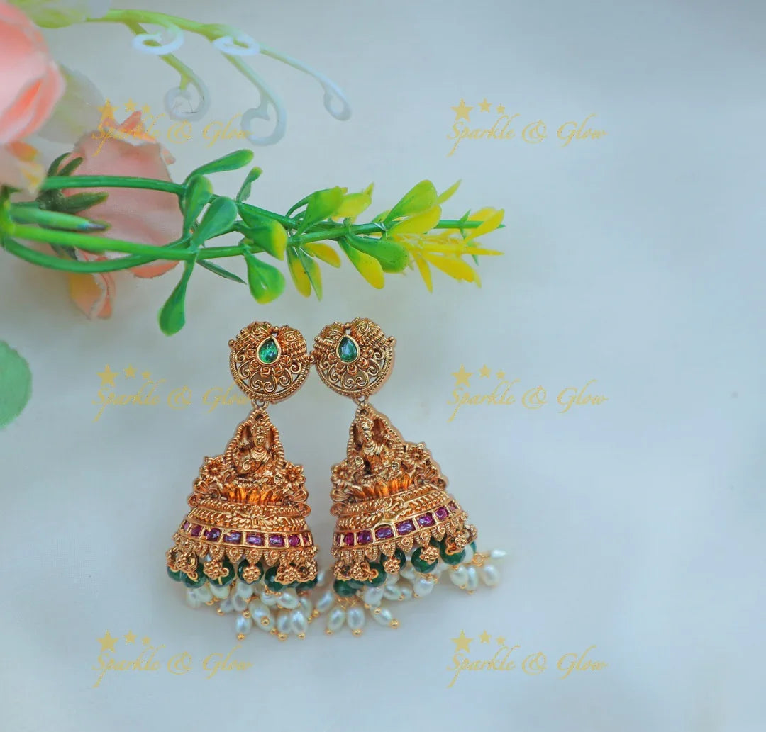 Gracious Lakshmi Kanti Hasli Temple Necklace Set with Jhumkas and Pearl Drops - Sparkle and Glow