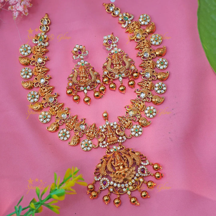 Grand Lakshmi Temple Necklace Set with Ruby Accents and Ball Drops - Sparkle and Glow