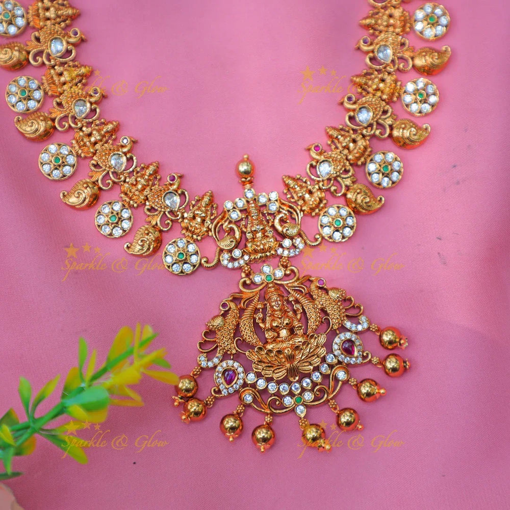 Grand Lakshmi Temple Necklace Set with Ruby Accents and Ball Drops - Sparkle and Glow