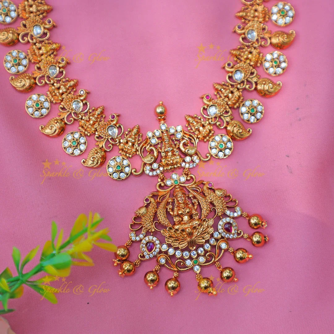 Grand Lakshmi Temple Necklace Set with Ruby Accents and Ball Drops - Sparkle and Glow