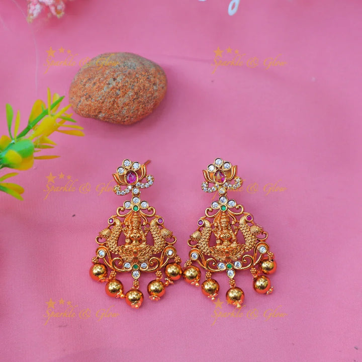 Grand Lakshmi Temple Necklace Set with Ruby Accents and Ball Drops - Sparkle and Glow