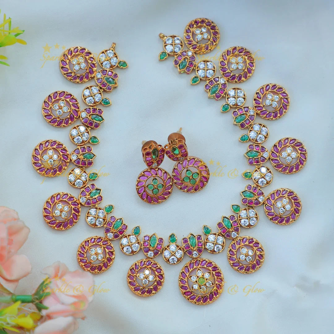 Elegant Antique Gold alike Floral Kemp Coin Necklace Set with Stud Earrings - Sparkle and Glow