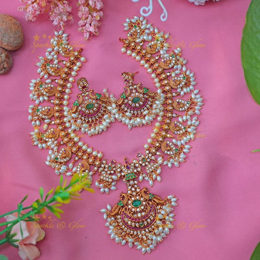 Stunning Peacock Motif Temple Necklace Set with Rice Pearls & Kundan Stones - Sparkle and Glow