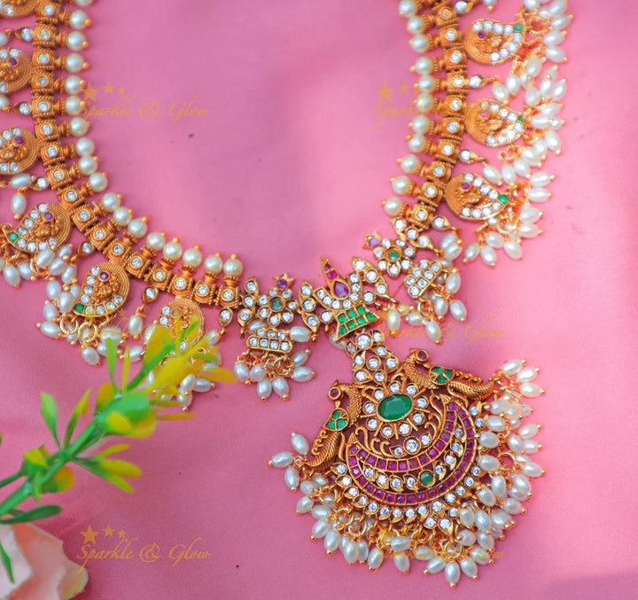 Stunning Peacock Motif Temple Necklace Set with Rice Pearls & Kundan Stones - Sparkle and Glow