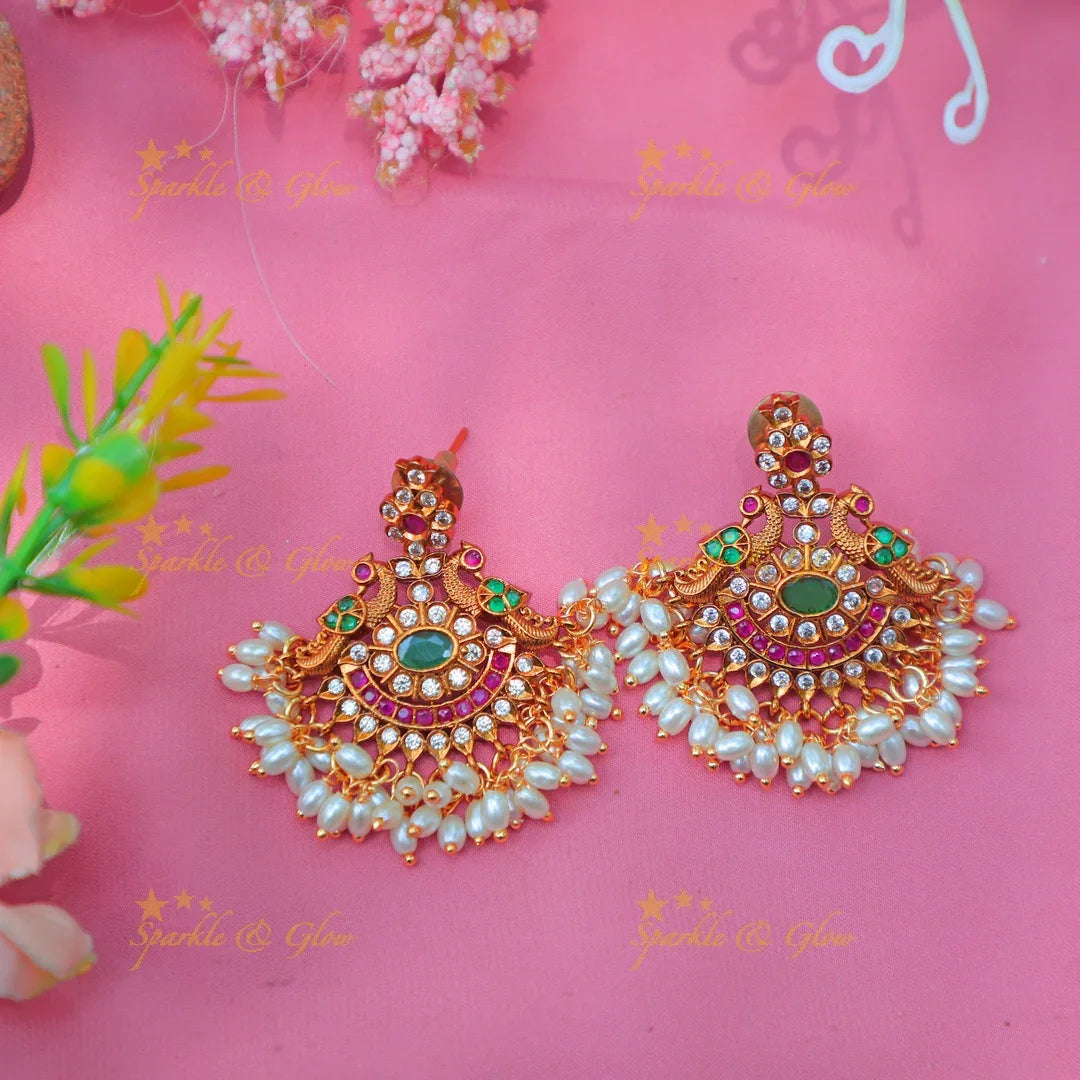Stunning Peacock Motif Temple Necklace Set with Rice Pearls & Kundan Stones - Sparkle and Glow