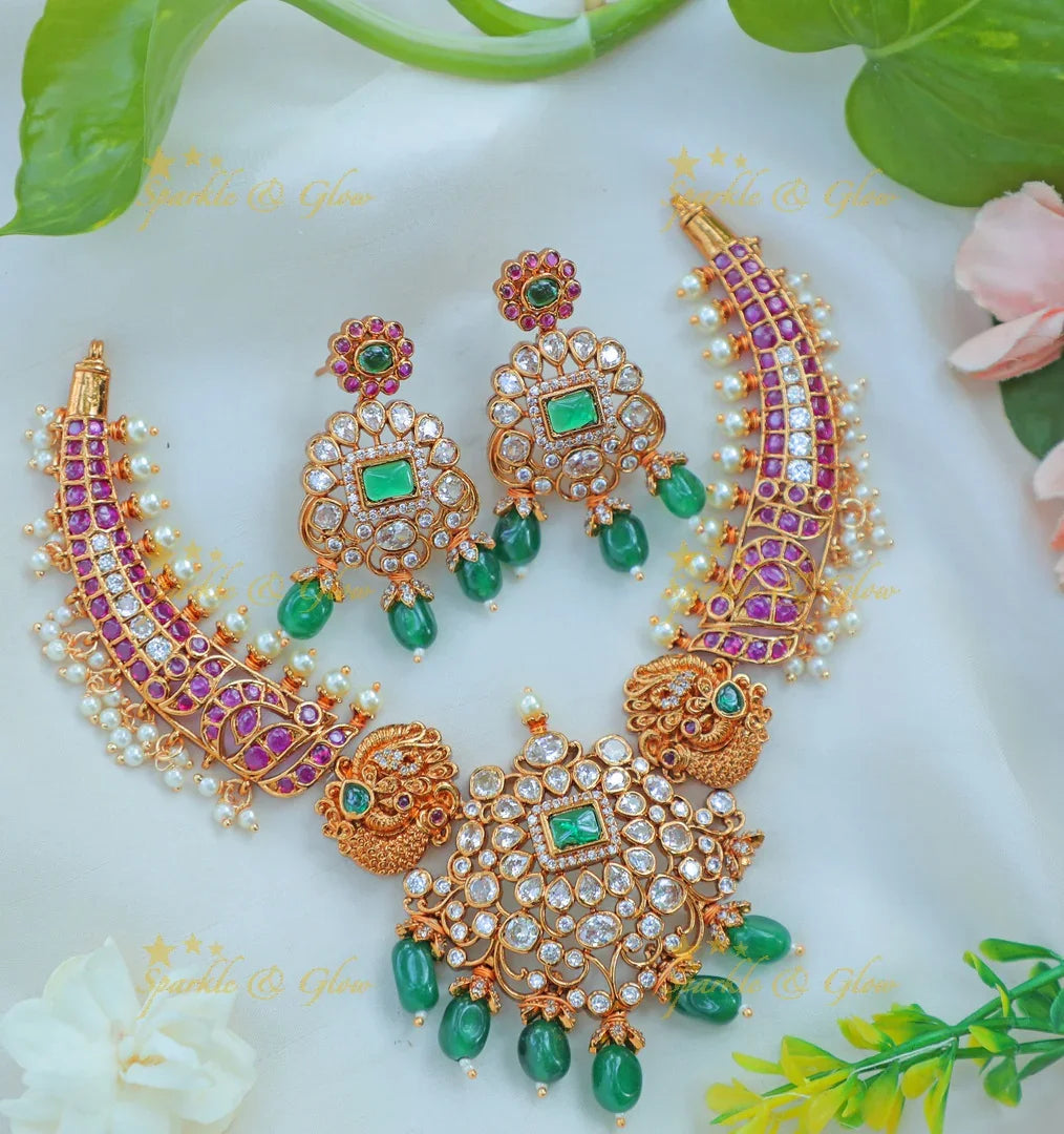 Stunning kemp Hasli Kanti Necklace Set with Green Drops & Peacock Motif - Sparkle and Glow