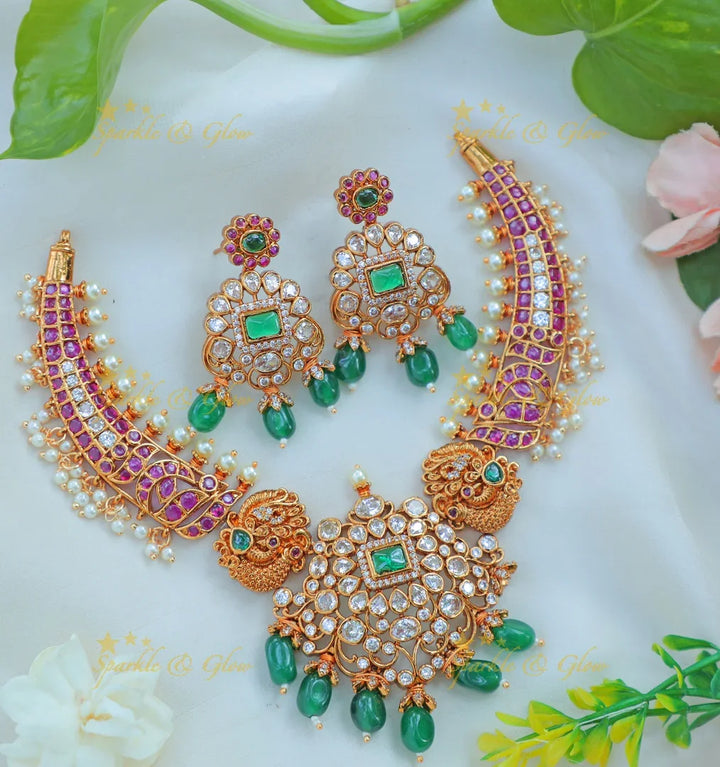 Stunning kemp Hasli Kanti Necklace Set with Green Drops & Peacock Motif - Sparkle and Glow
