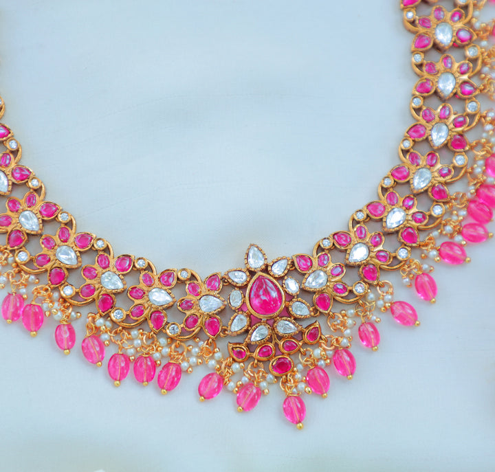 Elegant Kemp Floral Kundan Necklace Set with Green Beads - Sparkle and Glow