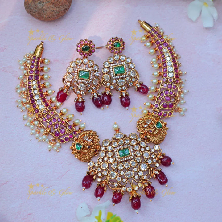 Stunning kemp Hasli Kanti Necklace Set with Green Drops & Peacock Motif - Sparkle and Glow