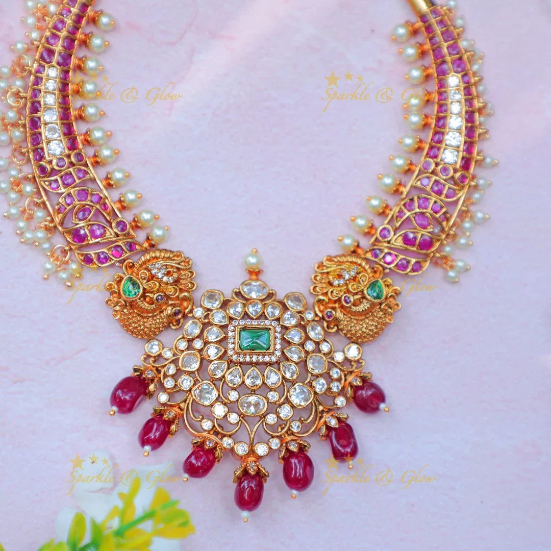 Stunning kemp Hasli Kanti Necklace Set with Green Drops & Peacock Motif - Sparkle and Glow