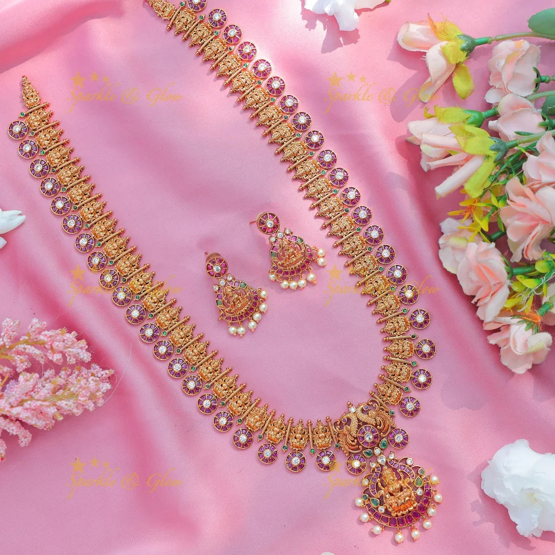 Grand Antique gold alike Lakshmi Temple Long Necklace Set with Earrings - Sparkle and Glow