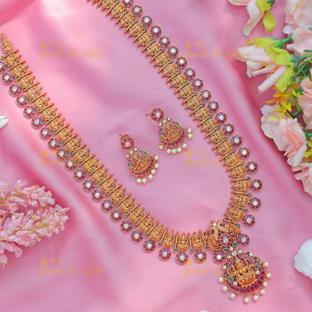 Grand Antique gold alike Lakshmi Temple Long Necklace Set with Earrings - Sparkle and Glow