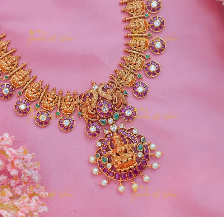 Grand Antique gold alike Lakshmi Temple Long Necklace Set with Earrings - Sparkle and Glow