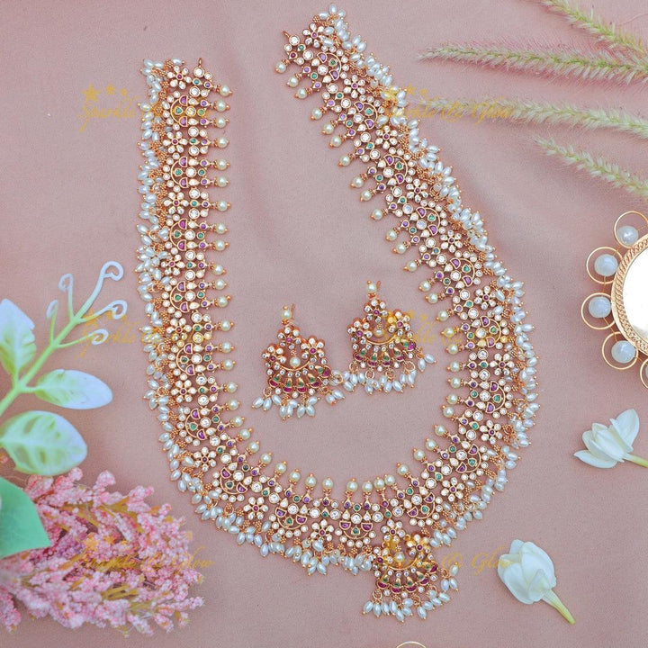 Beautiful Rice pearl Gutta pusalu haram with kemp and cz stones - Sparkle and Glow