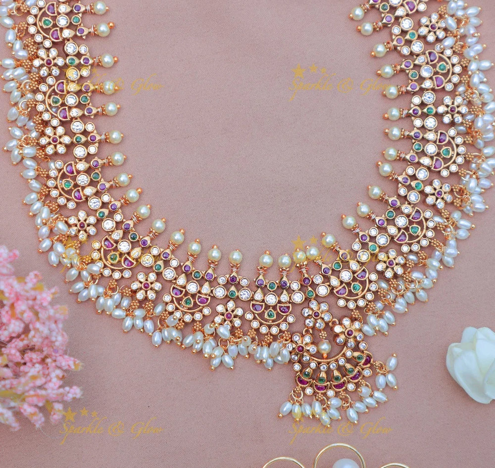 Beautiful Rice pearl Gutta pusalu haram with kemp and cz stones - Sparkle and Glow