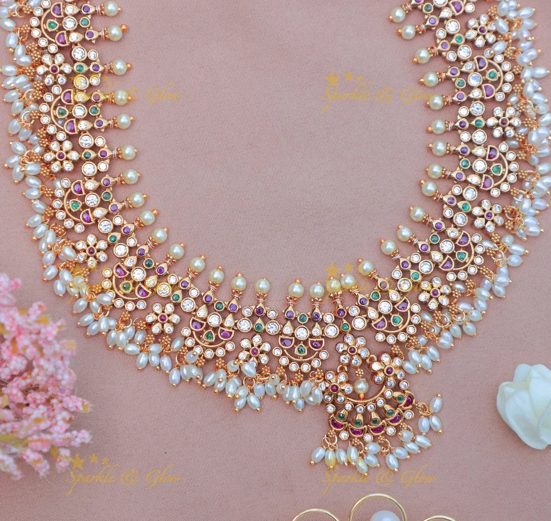 Beautiful Rice pearl Gutta pusalu haram with kemp and cz stones - Sparkle and Glow