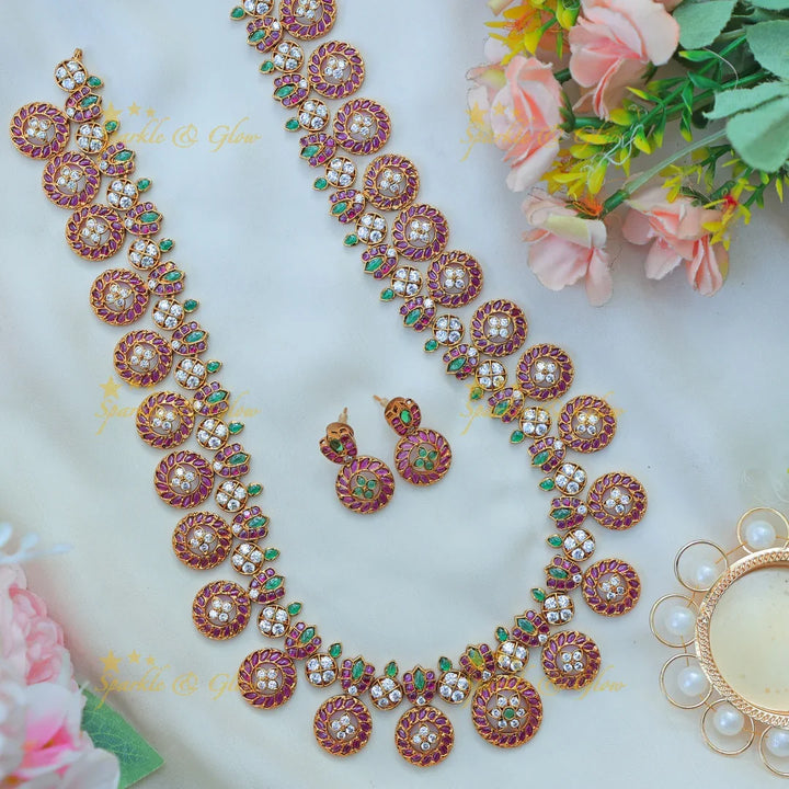 Stunning Antique Matte gold alike floral bottu Haram with Green & White Stones - Sparkle and Glow