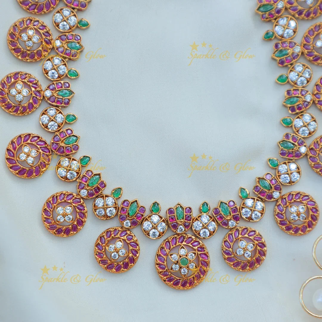 Stunning Antique Matte gold alike floral bottu Haram with Green & White Stones - Sparkle and Glow