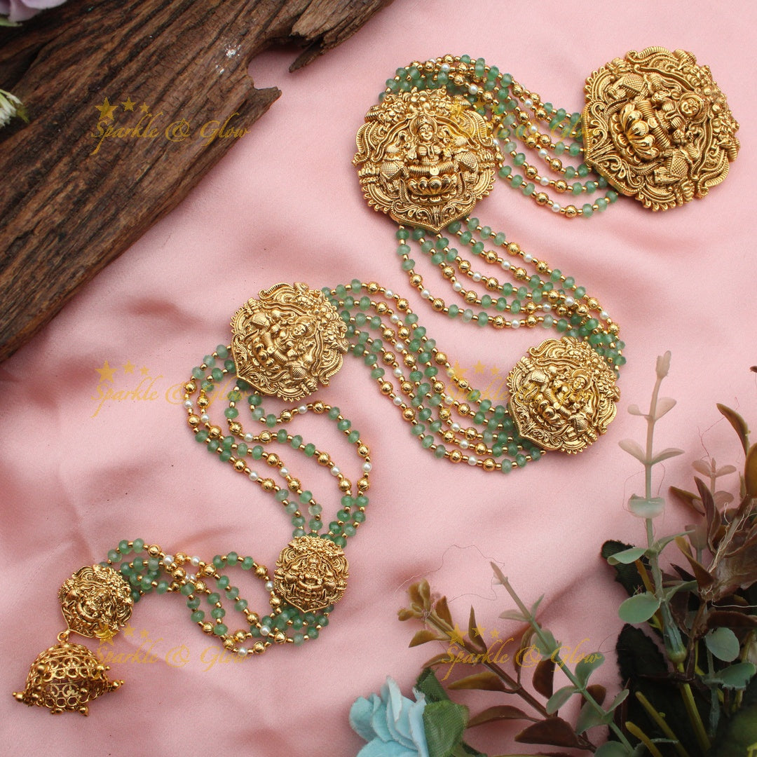 Grand Lakshmi & Elephant Multi-Strand Bridal Jadabilla with Green Beads