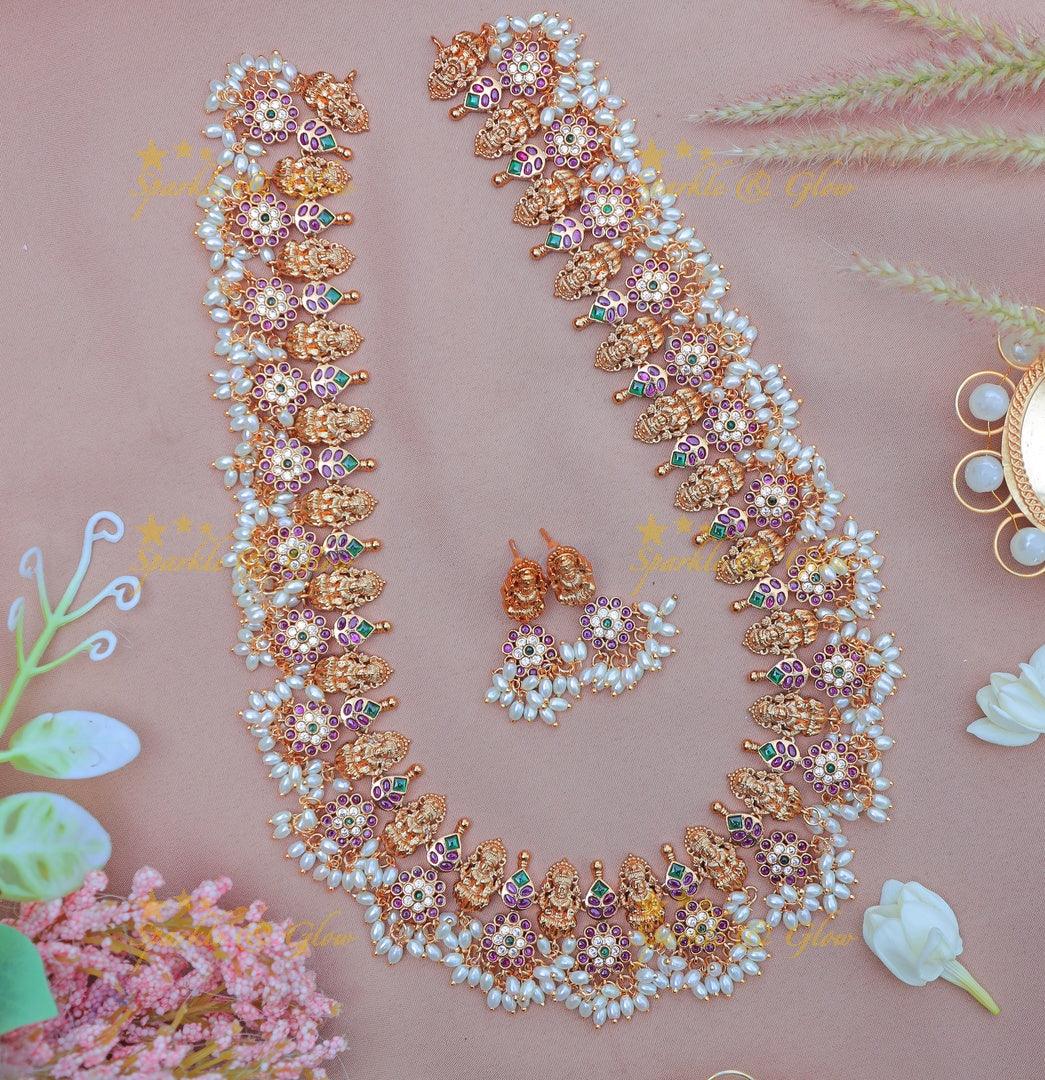 Beautiful Idol Lakshmi Floral rice pearl Guttapusalu Haram with Pearl Drops and Kemp Stones - Sparkle and Glow