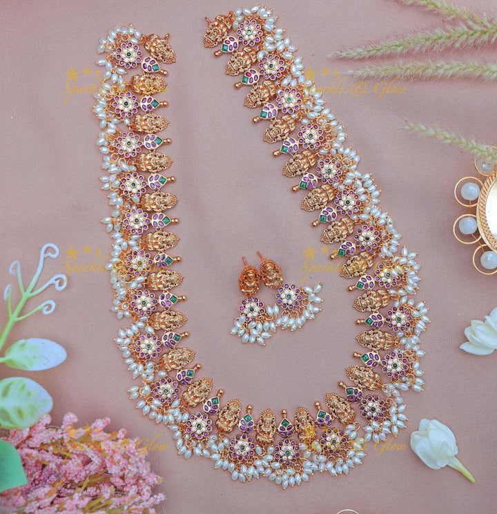 Beautiful Idol Lakshmi Floral rice pearl Guttapusalu Haram with Pearl Drops and Kemp Stones - Sparkle and Glow