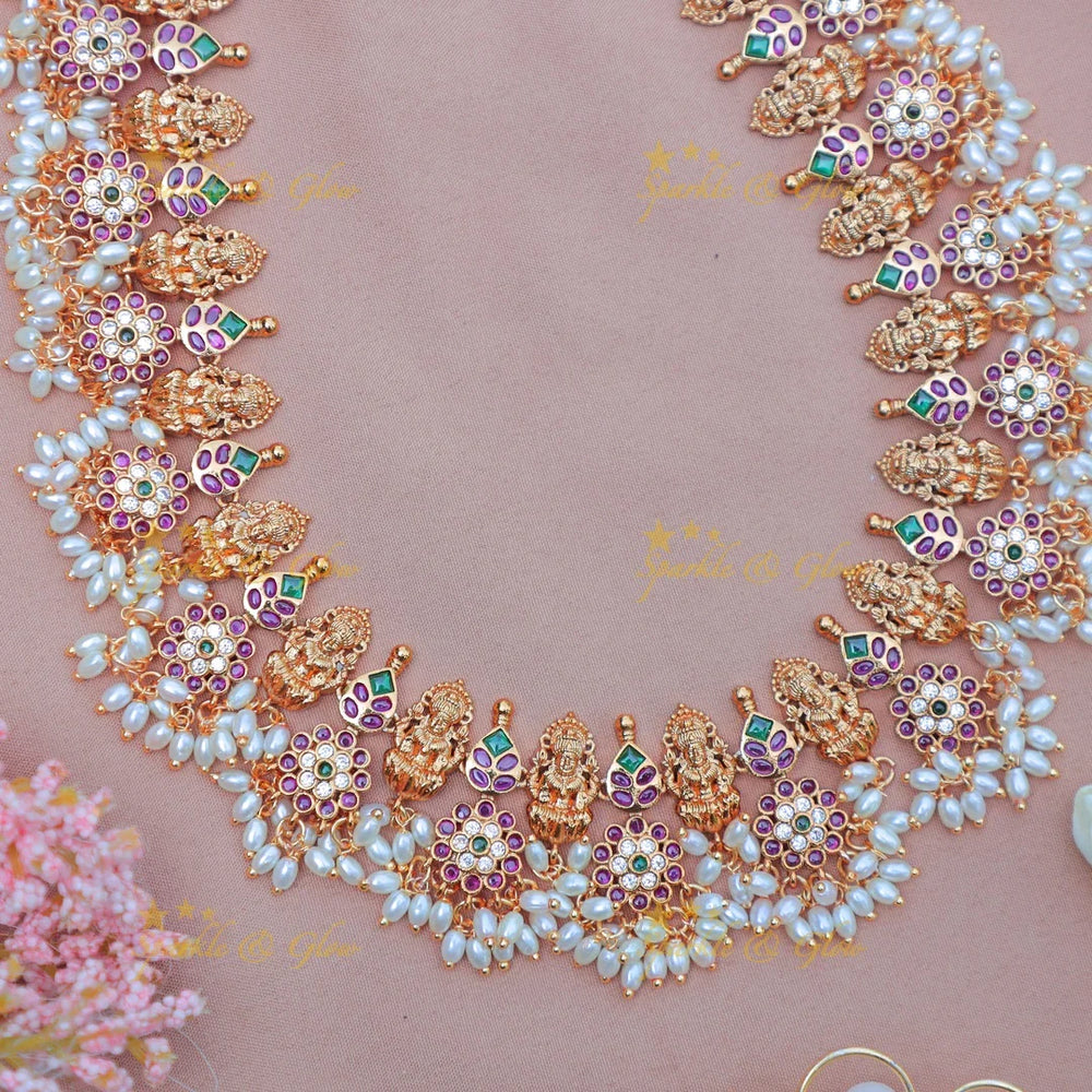 Beautiful Idol Lakshmi Floral rice pearl Guttapusalu Haram with Pearl Drops and Kemp Stones - Sparkle and Glow