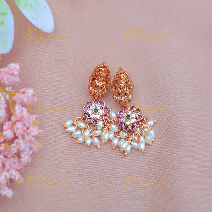 Beautiful Idol Lakshmi Floral rice pearl Guttapusalu Haram with Pearl Drops and Kemp Stones - Sparkle and Glow