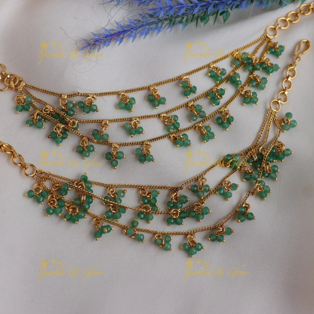 Statement Green Beaded Multi-Layer beaded Ear Chain - Sparkle and Glow