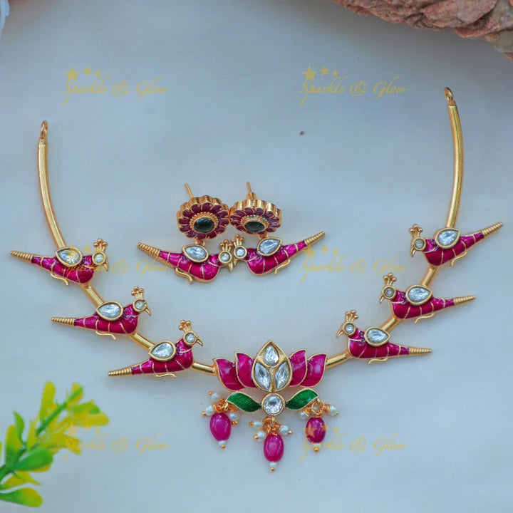Stunning Enamel Bird Motif hasli Necklace Set with Lotus Pendant - Sparkle and Glow