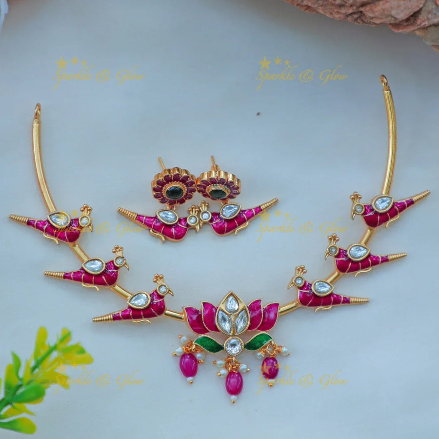 Stunning Enamel Bird Motif hasli Necklace Set with Lotus Pendant - Sparkle and Glow