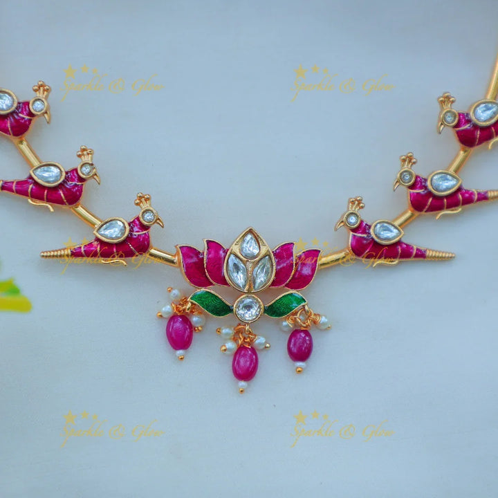 Stunning Enamel Bird Motif hasli Necklace Set with Lotus Pendant - Sparkle and Glow