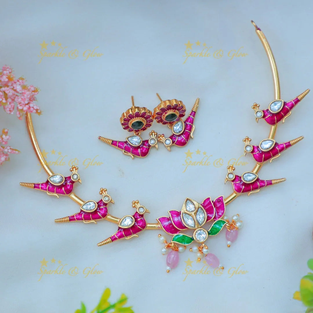 Stunning Enamel Bird Motif hasli Necklace Set with Lotus Pendant - Sparkle and Glow
