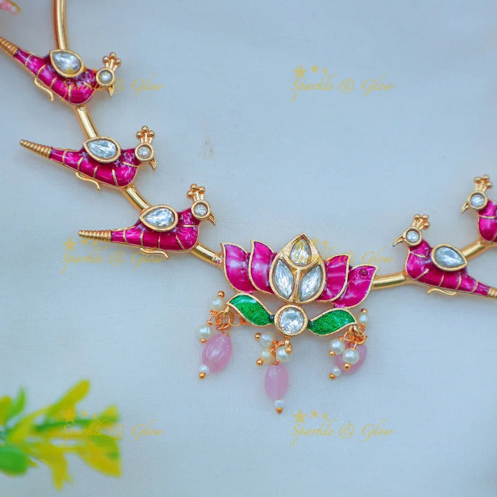 Stunning Enamel Bird Motif hasli Necklace Set with Lotus Pendant - Sparkle and Glow