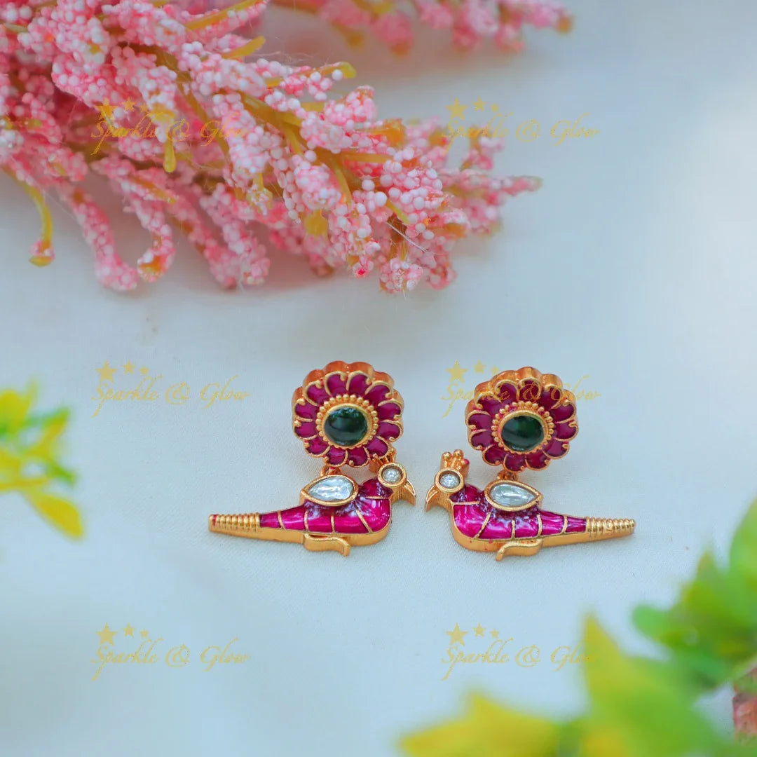 Stunning Enamel Bird Motif hasli Necklace Set with Lotus Pendant - Sparkle and Glow