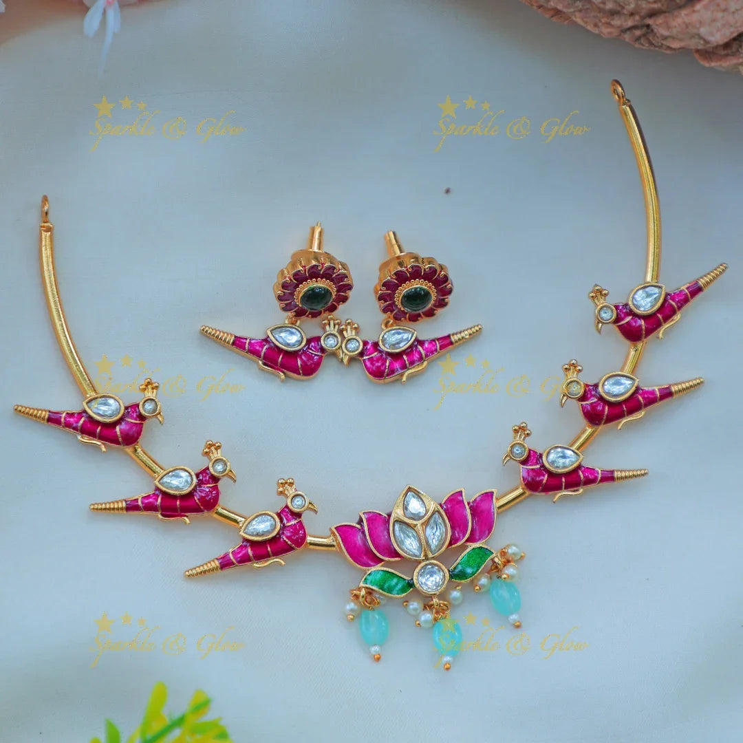 Stunning Enamel Bird Motif hasli Necklace Set with Lotus Pendant - Sparkle and Glow